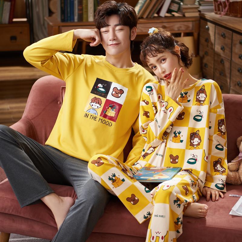 Autumn Winter Cotton Matching Couple Pajamas Men Sleepwear Women