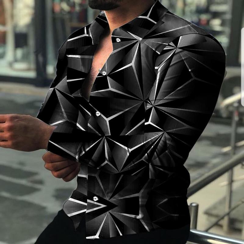 Spring Men's Printed Casual Shirts 2022 Stereoscopic rhombus Streetwear Men's Clothing Cardigan High-End Long Sleeve Dress Shirt