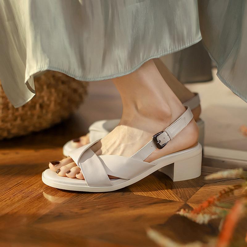 5cm New Fashion Sandals Beige Open Toe Thick Block Heels Ankle Wrap Women Shoes 38 39