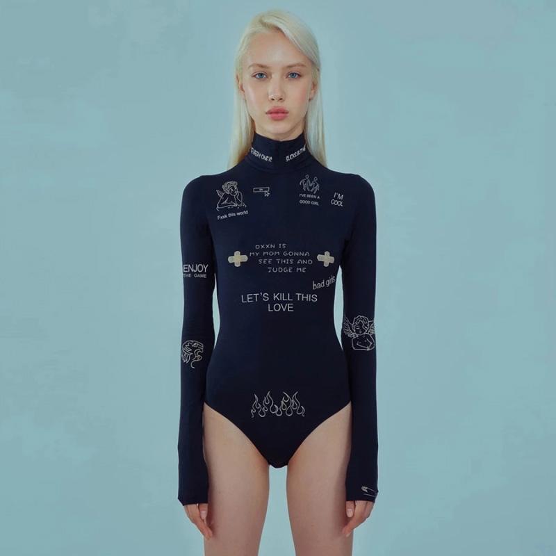 fashion print letter skinny casual turtleneck long sleeve autumn bodysuit women simple basic wild female bodysuit