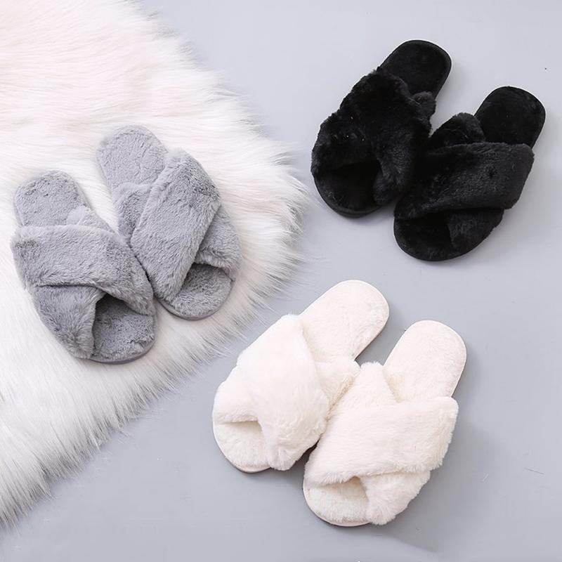 Warm fluffy slippers women's plush slippers comfortable faux fur cross indoor floor slippers flat soft fur shoes ladies women