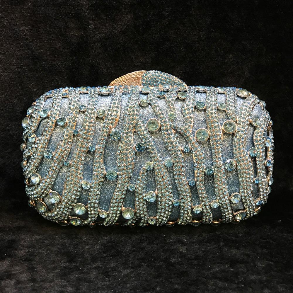 Hollow Out Sky Blue Crystal Women Day Clutch Wedding Evening Bags Diamond Handbags Party Purse Ladies Banquet Chain Clutches