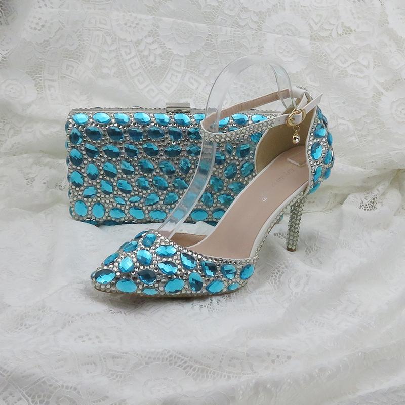 Sky Blue Luxury Rhinestone wedding shoes with matching bag anckle strap shoes woman pointed toe high heels shoes Big size 34-42