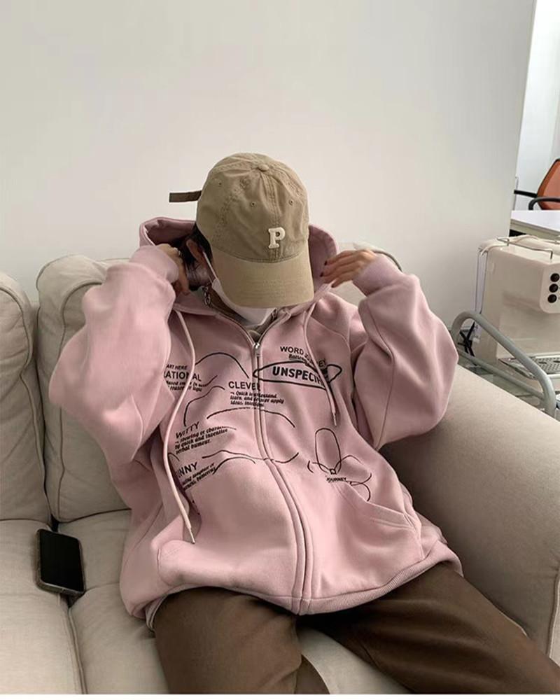 New hooded jacket women's fleece thickened pink cardigan Korean version loose baseball uniform Gothic retro couple sports hoodie