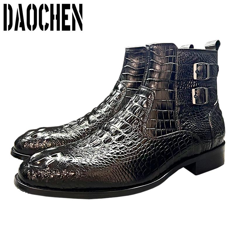 Luxury Men Ankle Boots Shoes Black Brown Crocodile Printed Zipper Chelsea Double Buckle Genuine Leather Dress Boots Men's Shoes