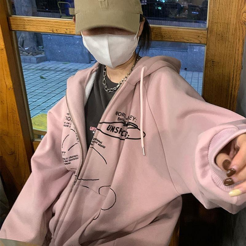 New hooded jacket women's fleece thickened pink cardigan Korean version loose baseball uniform Gothic retro couple sports hoodie