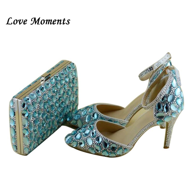 Sky Blue Luxury Rhinestone wedding shoes with matching bag anckle strap shoes woman pointed toe high heels shoes Big size 34-42