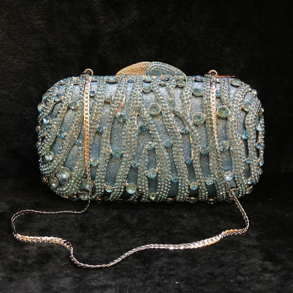 Hollow Out Sky Blue Crystal Women Day Clutch Wedding Evening Bags Diamond Handbags Party Purse Ladies Banquet Chain Clutches