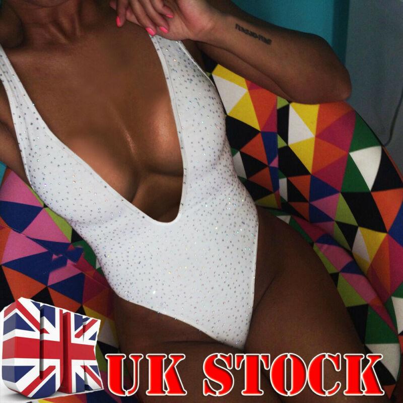 Womens Sexy One-piece Swimsuit Deep V-neck Ladies Sequin Romper Bodysuit Bodycon Jumpsuit Playsuit Leotard Tops Sleeveless