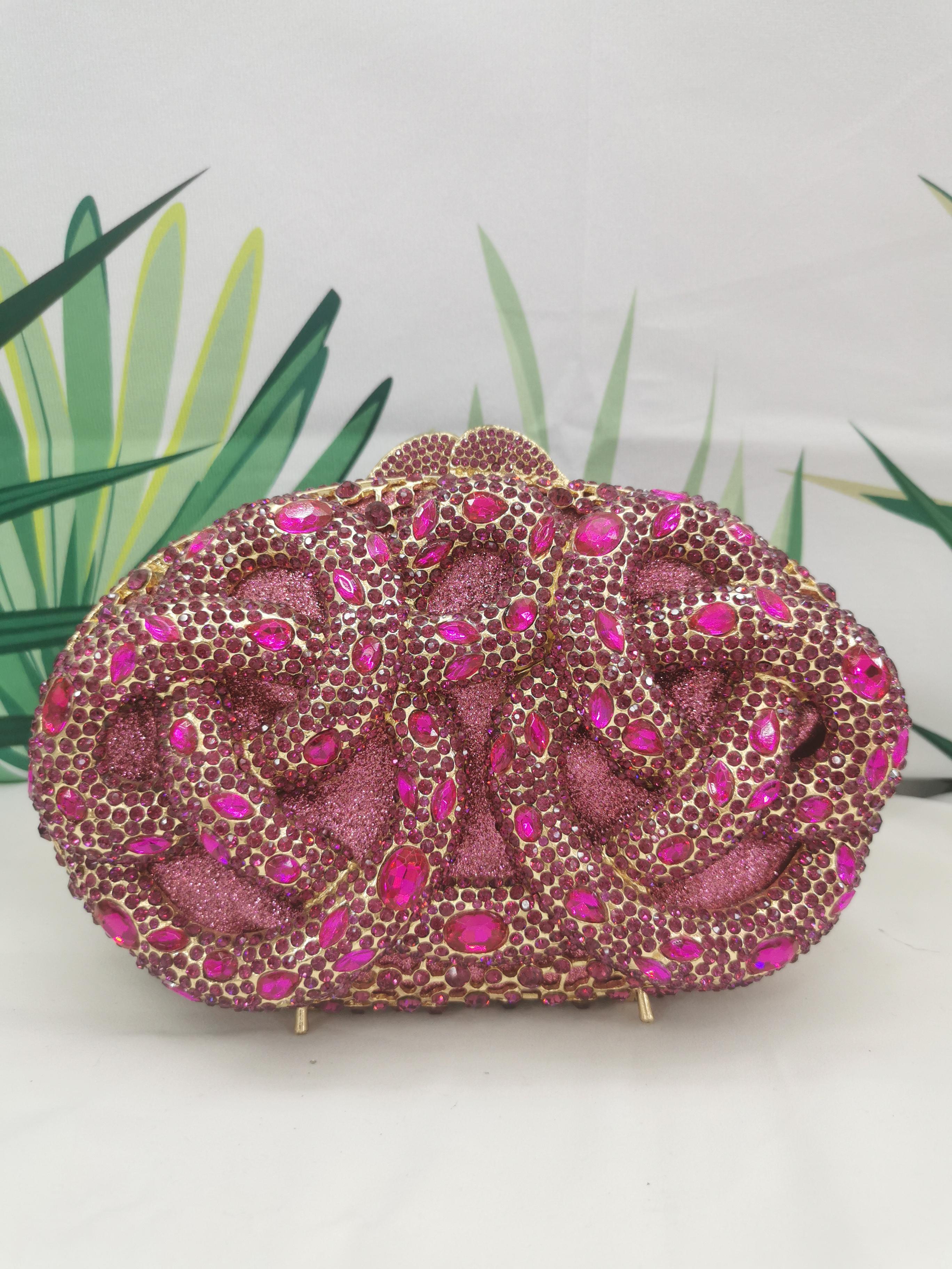 Lady Hot pink/Green/Silver Rhinestone Bags Luxury Fashion Female Diamond Crystal Clutch Elegant Gold Metal Wedding Dinner Purses