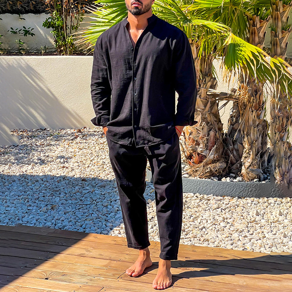Macymars™ Men's Solid Color V-Neck Long-Sleeve Shirt and Pants Two-Piece Set