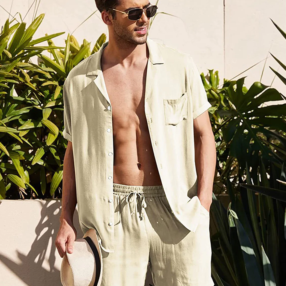 Macymars™ Mens Summer Linen Short Sleeve Shirt Shorts Suit